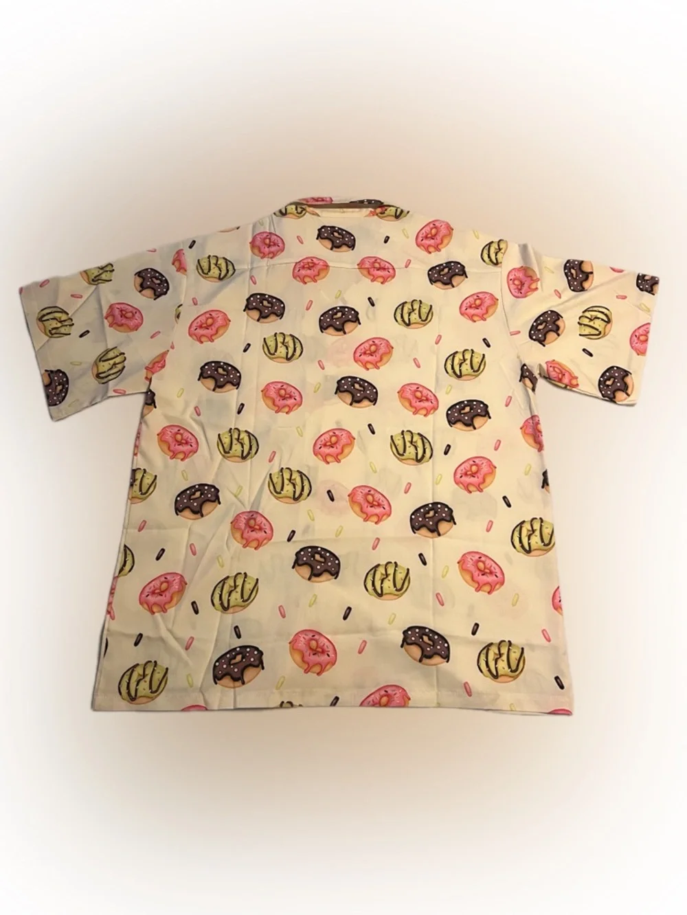 Fun Donut-Print Cream Top - Short Sleeve Shirt Size Large